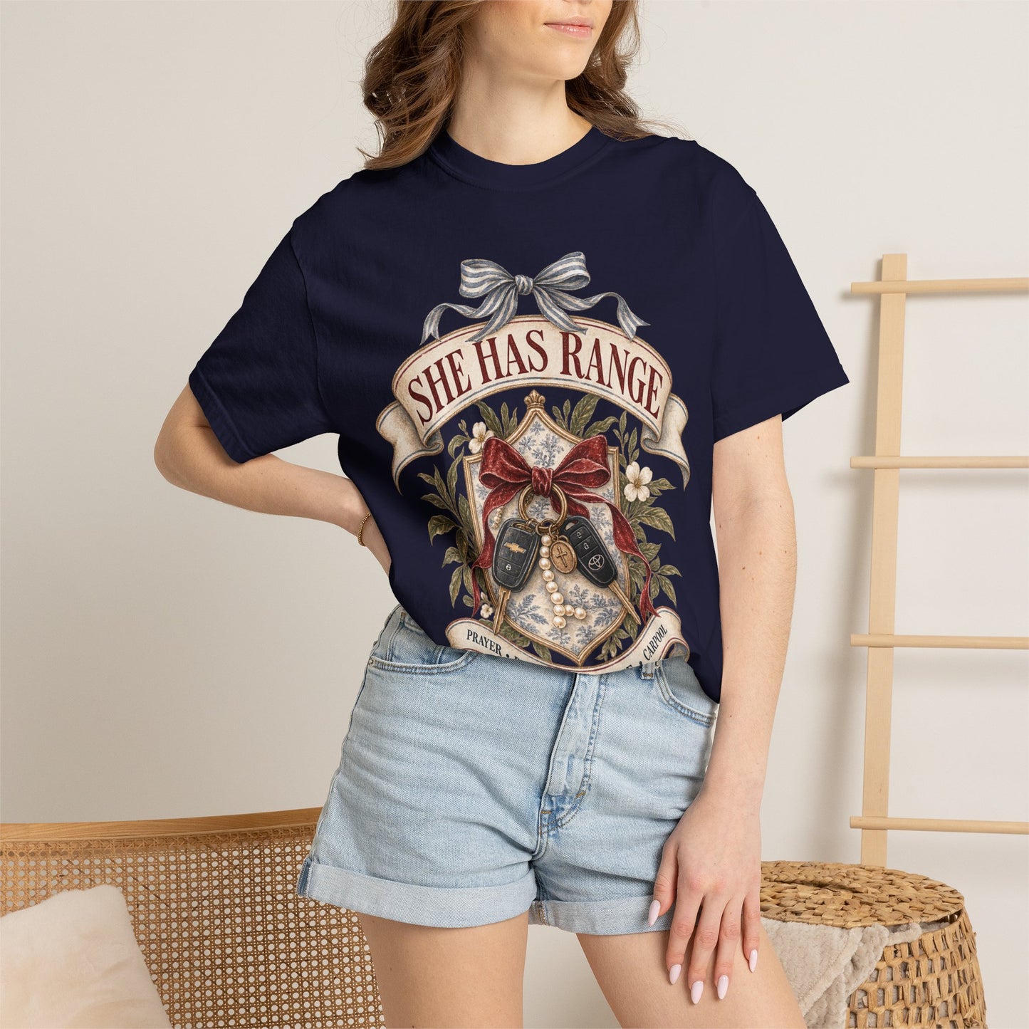 She Has Range Shirt | Funny Mom Graphic Tee | Prayer Profanity Avoidance Carpool Shirt | Vintage Preppy Faith Mom T-Shirt