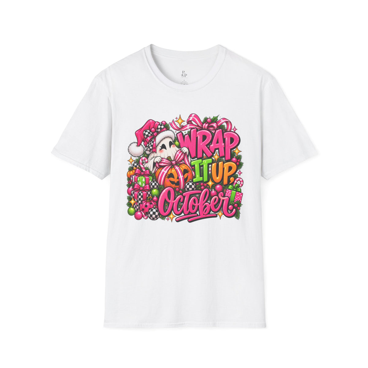 Wrap It Up October T-Shirt — Cute Halloween Santa Pumpkin Graphic Tee