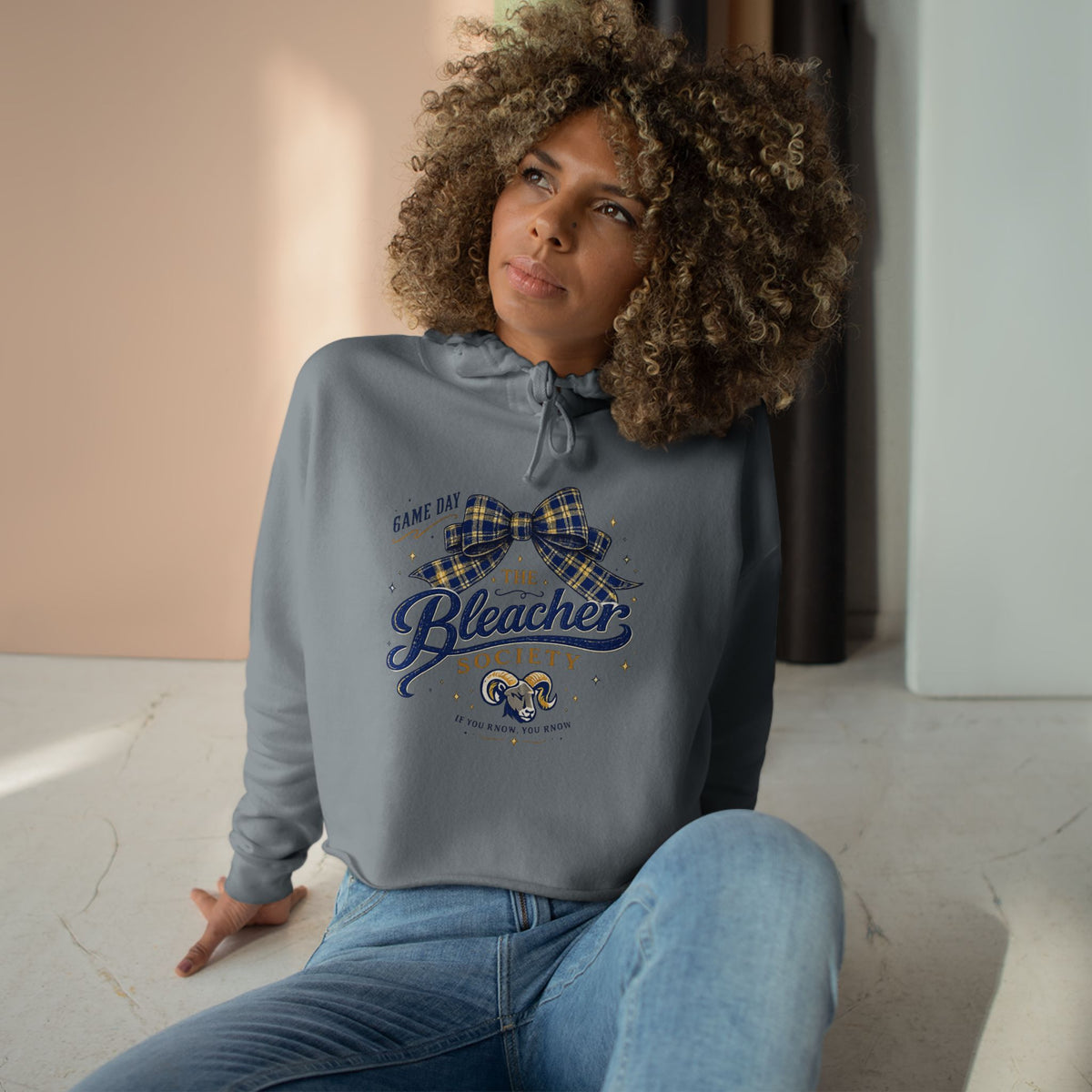 Bleacher Society Crop Hoodie — Game Day Plaid Bow Sports Fan Cropped Hoodie