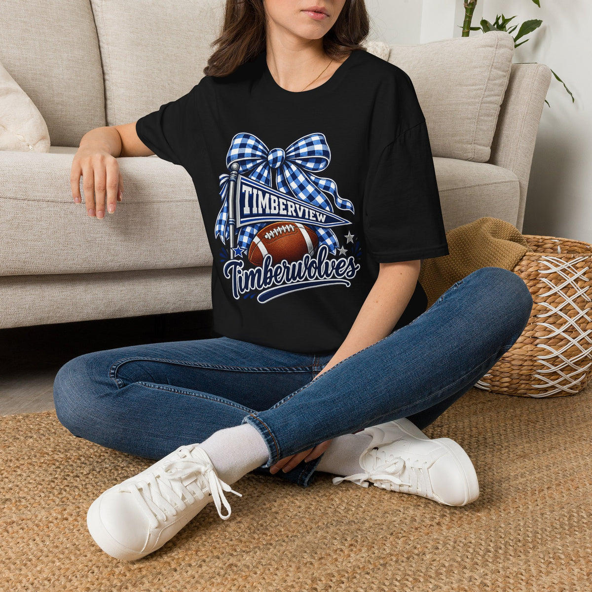 Timberview Timberwolves Football Team T-Shirt — Blue Gingham Bow Mascot Tee