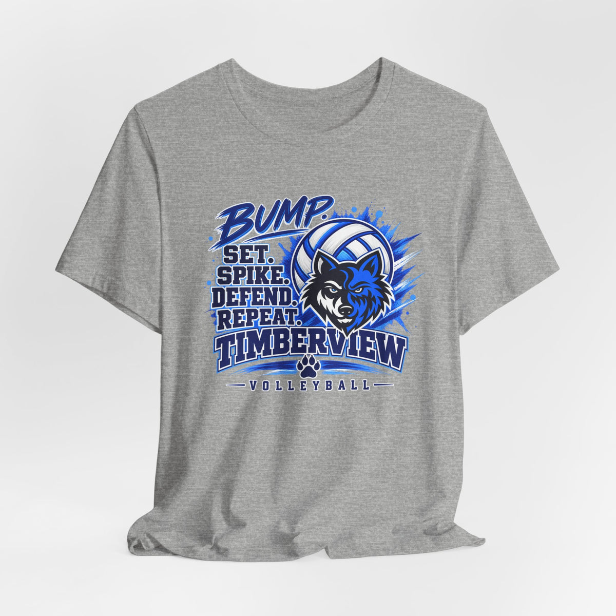 Timberview Volleyball Tee — "Bump Set Spike Defend Repeat" Wolf Mascot