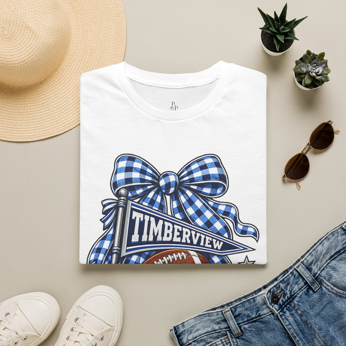 Timberview Timberwolves Football Team T-Shirt — Blue Gingham Bow Mascot Tee