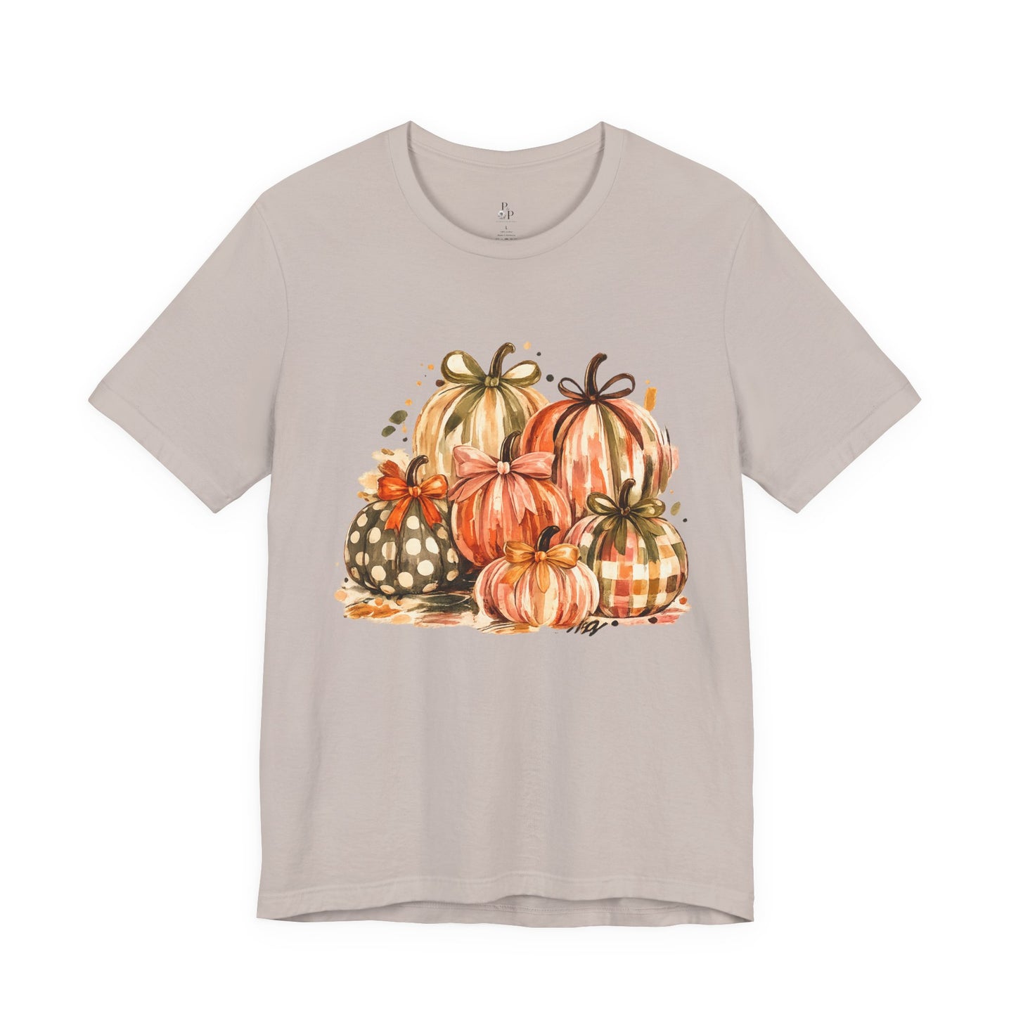 Pumpkin Watercolor T-Shirt — Fall Harvest Plaid & Polka Dot Pumpkins