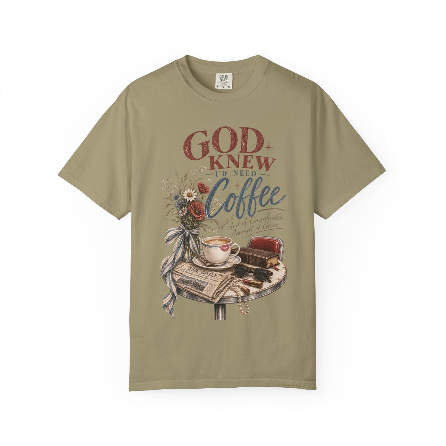 God Knew I’d Need Coffee Shirt | Christian Coffee T-Shirt | Vintage Faith Tee | Considerable Amount of Grace Graphic Tee