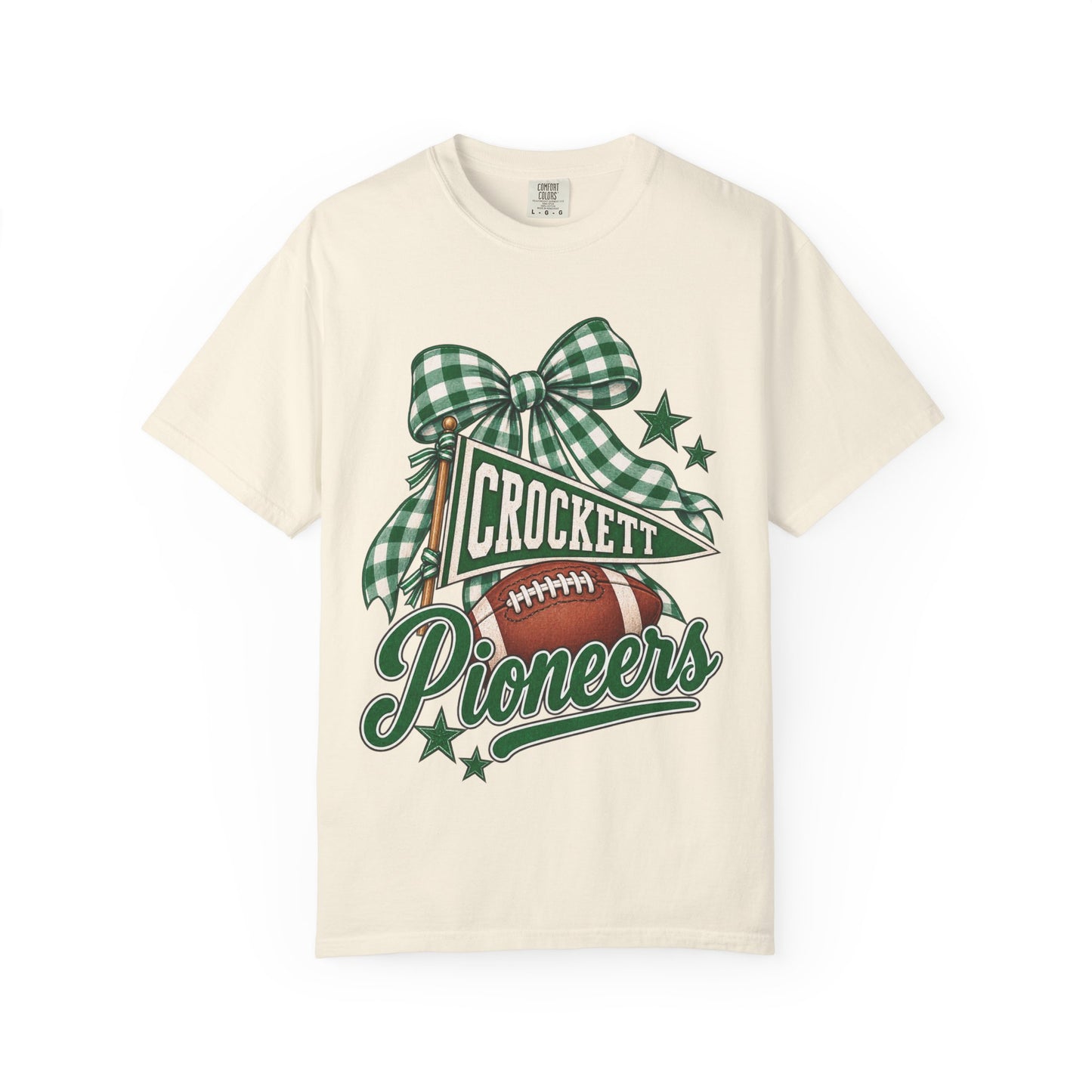 Crockett Pioneers Football Shirt, Green Gingham Bow Game Day Tee, School Spirit Shirt, Football Mom Tee, Pioneers Spirit Wear