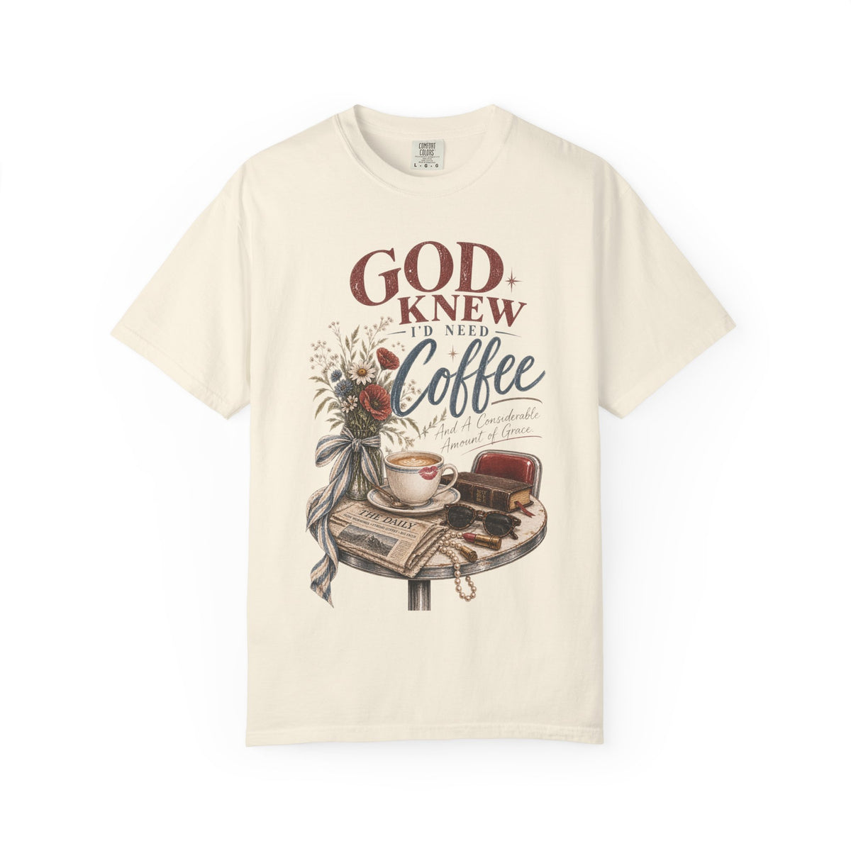God Knew I’d Need Coffee Shirt | Christian Coffee T-Shirt | Vintage Faith Tee | Considerable Amount of Grace Graphic Tee