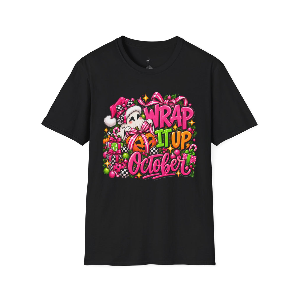 Wrap It Up October T-Shirt — Cute Halloween Santa Pumpkin Graphic Tee