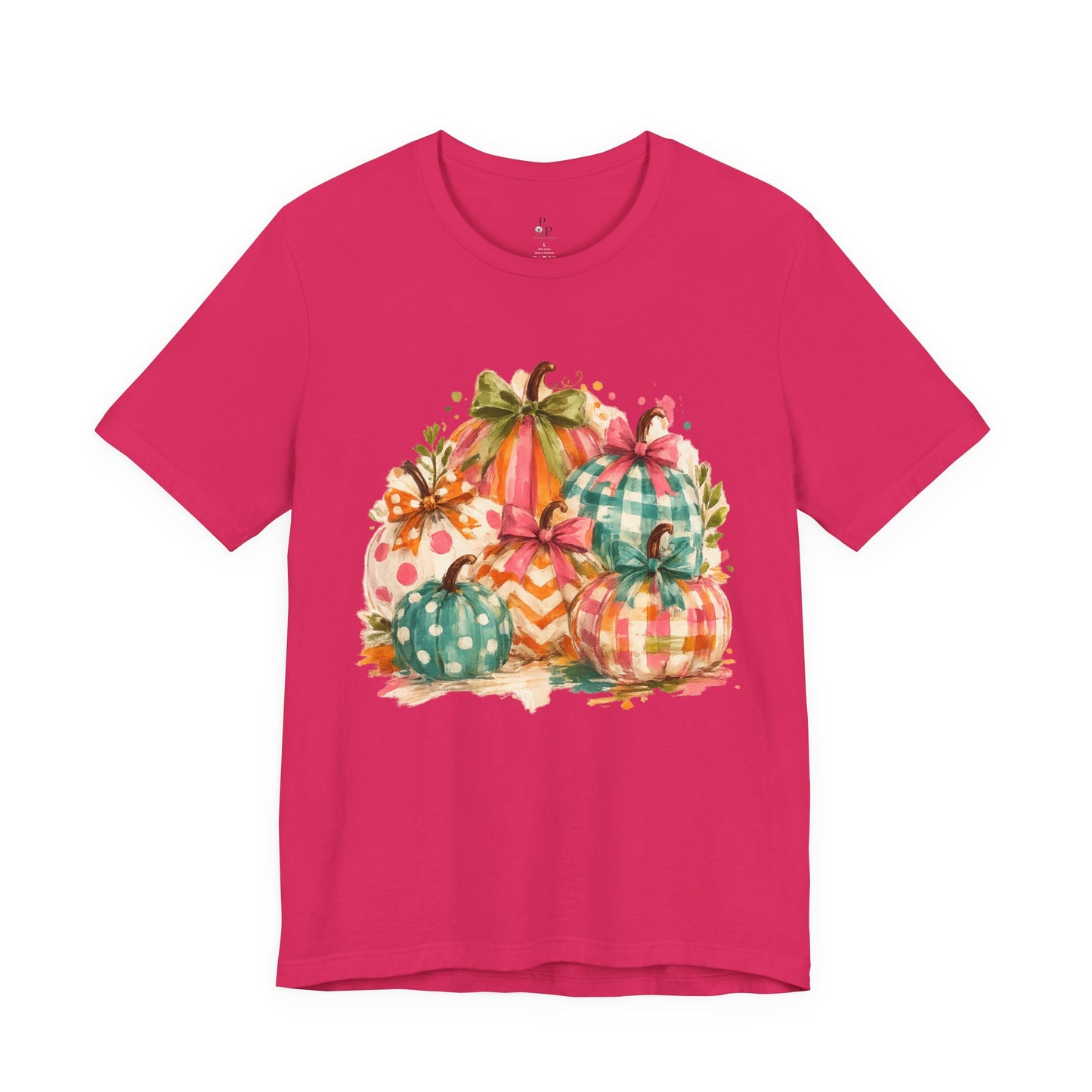 Watercolor Fall Pumpkins T-Shirt — Plaid & Polka Dot Pumpkin Tee for Autumn