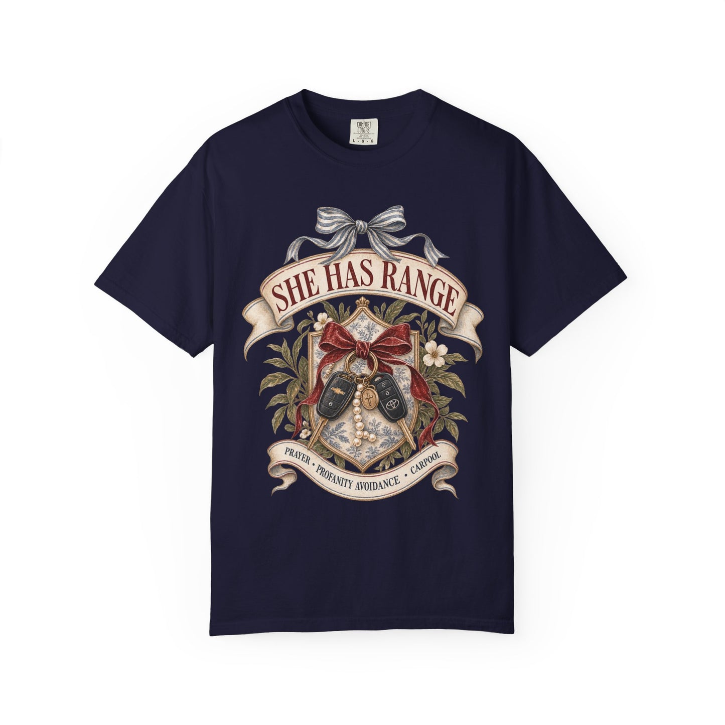 She Has Range Shirt | Funny Mom Graphic Tee | Prayer Profanity Avoidance Carpool Shirt | Vintage Preppy Faith Mom T-Shirt