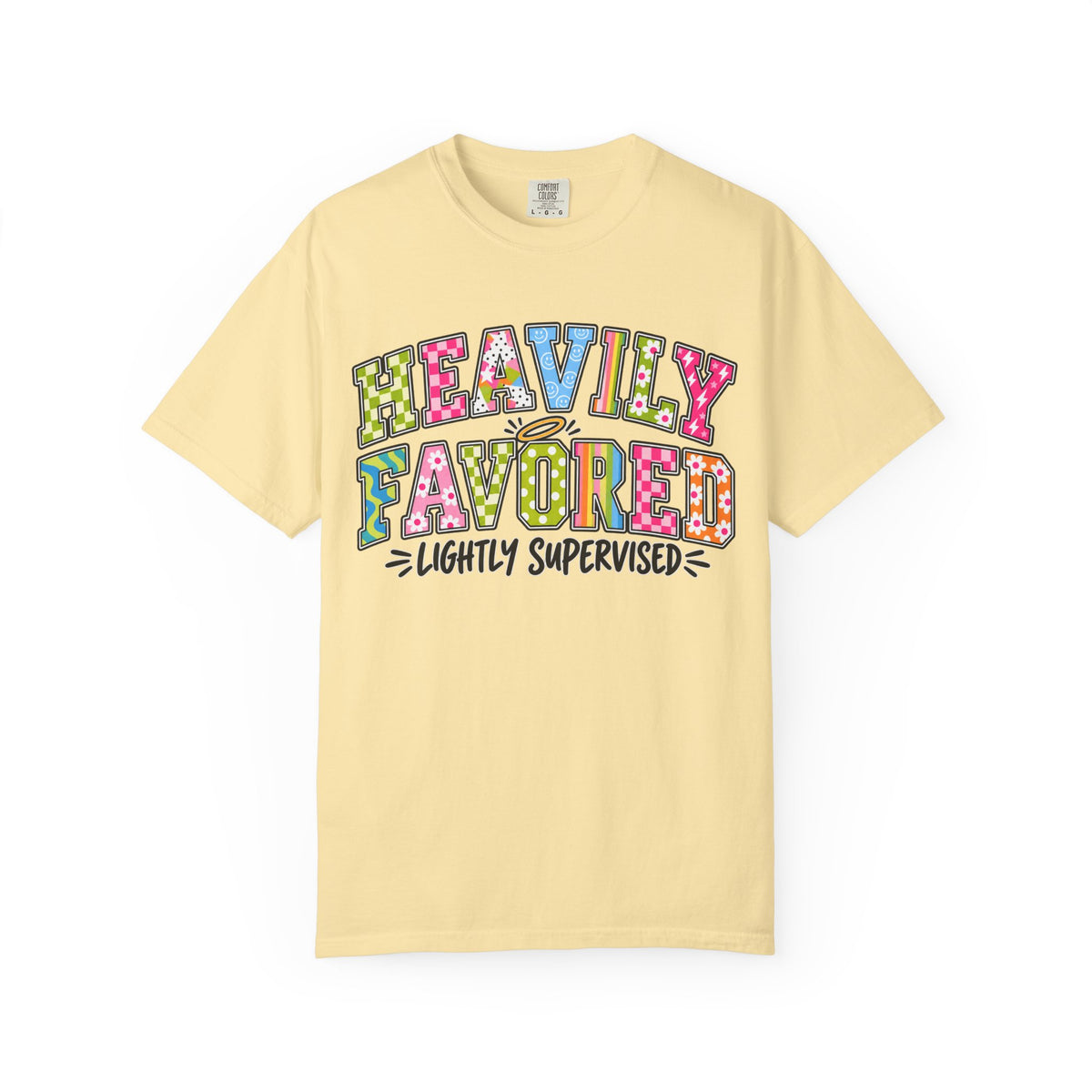 Heavily Favored Lightly Supervised T-shirt | Colorful Retro Lettering