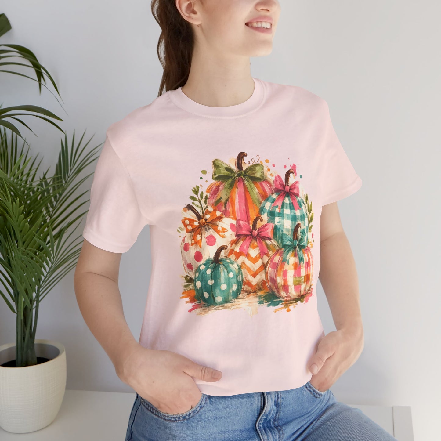 Watercolor Fall Pumpkins T-Shirt — Plaid & Polka Dot Pumpkin Tee for Autumn
