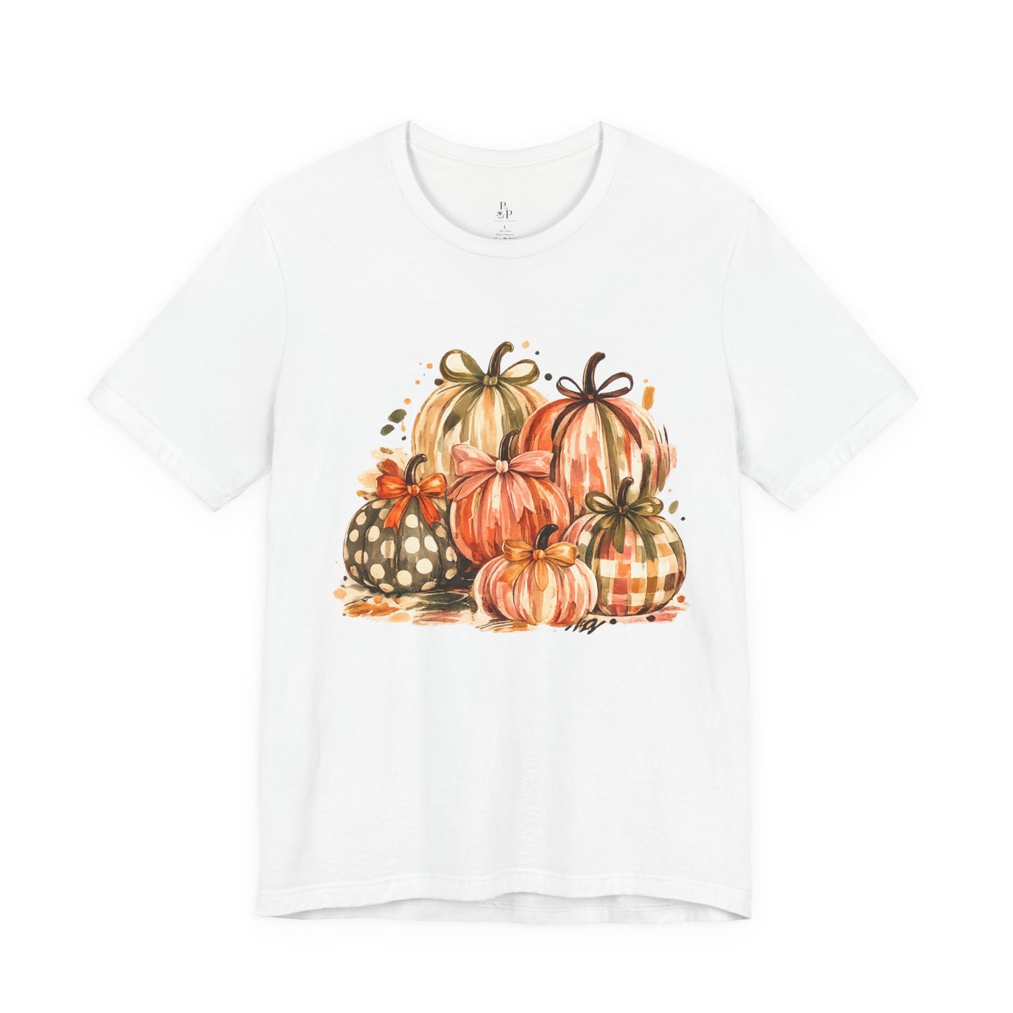 Pumpkin Watercolor T-Shirt — Fall Harvest Plaid & Polka Dot Pumpkins