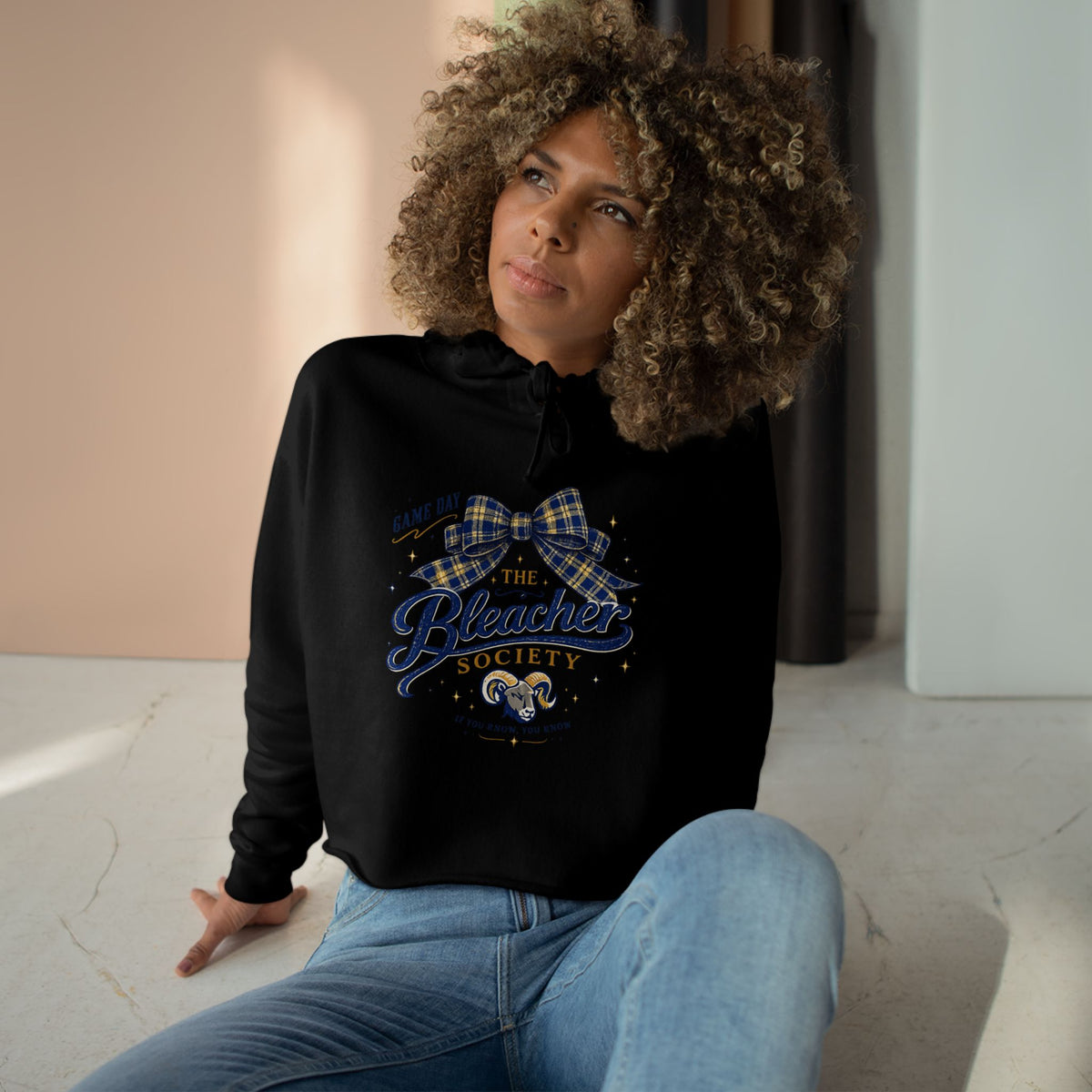Bleacher Society Crop Hoodie — Game Day Plaid Bow Sports Fan Cropped Hoodie