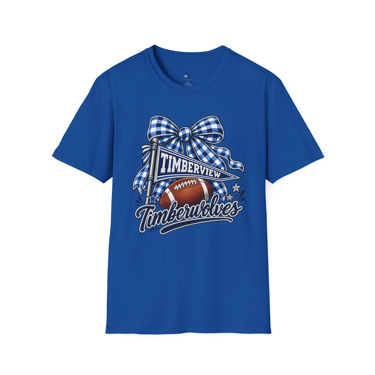 Timberview Timberwolves Football Team T-Shirt — Blue Gingham Bow Mascot Tee