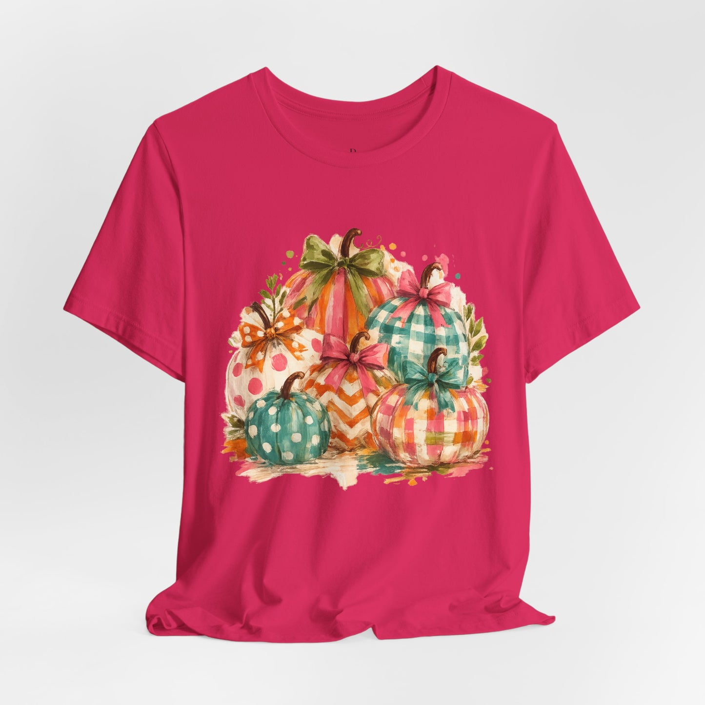 Watercolor Fall Pumpkins T-Shirt — Plaid & Polka Dot Pumpkin Tee for Autumn