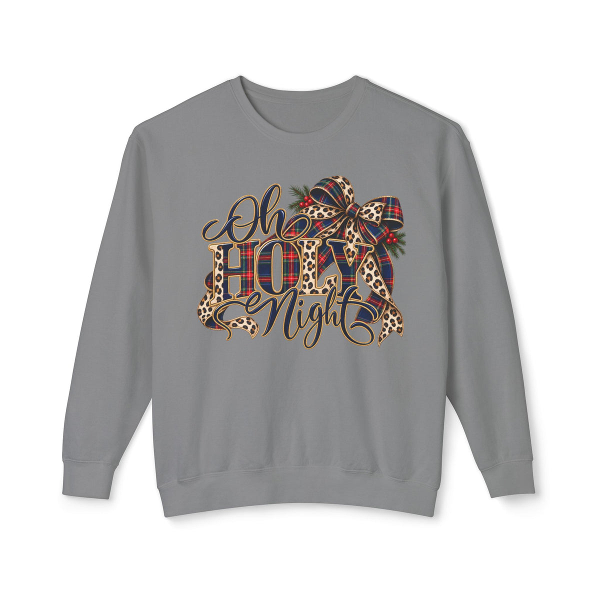 Oh Holy Night Christmas Sweatshirt, Leopard Bow and Holly Design