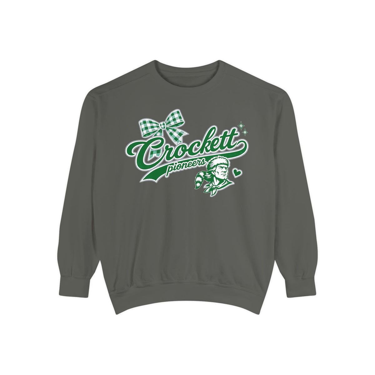 Crockett Pioneers Crewneck Sweatshirt — Vintage Plaid Bow School Spirit