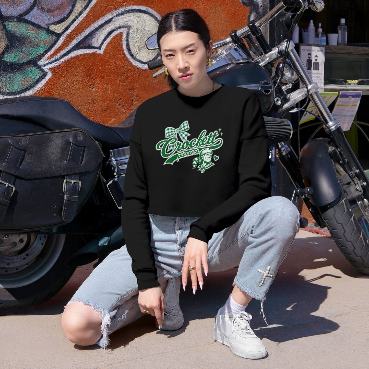 Crockett Retro Logo Cropped Sweatshirt — Womens Athletic Vintage Crewneck