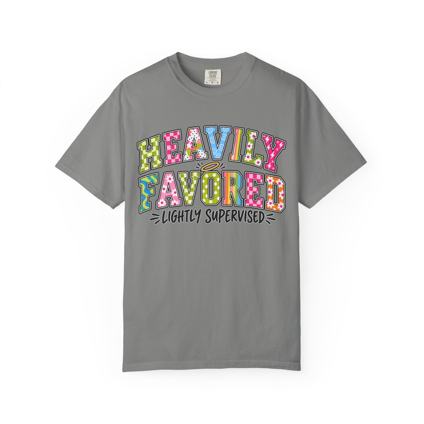 Heavily Favored Lightly Supervised T-shirt | Colorful Retro Lettering