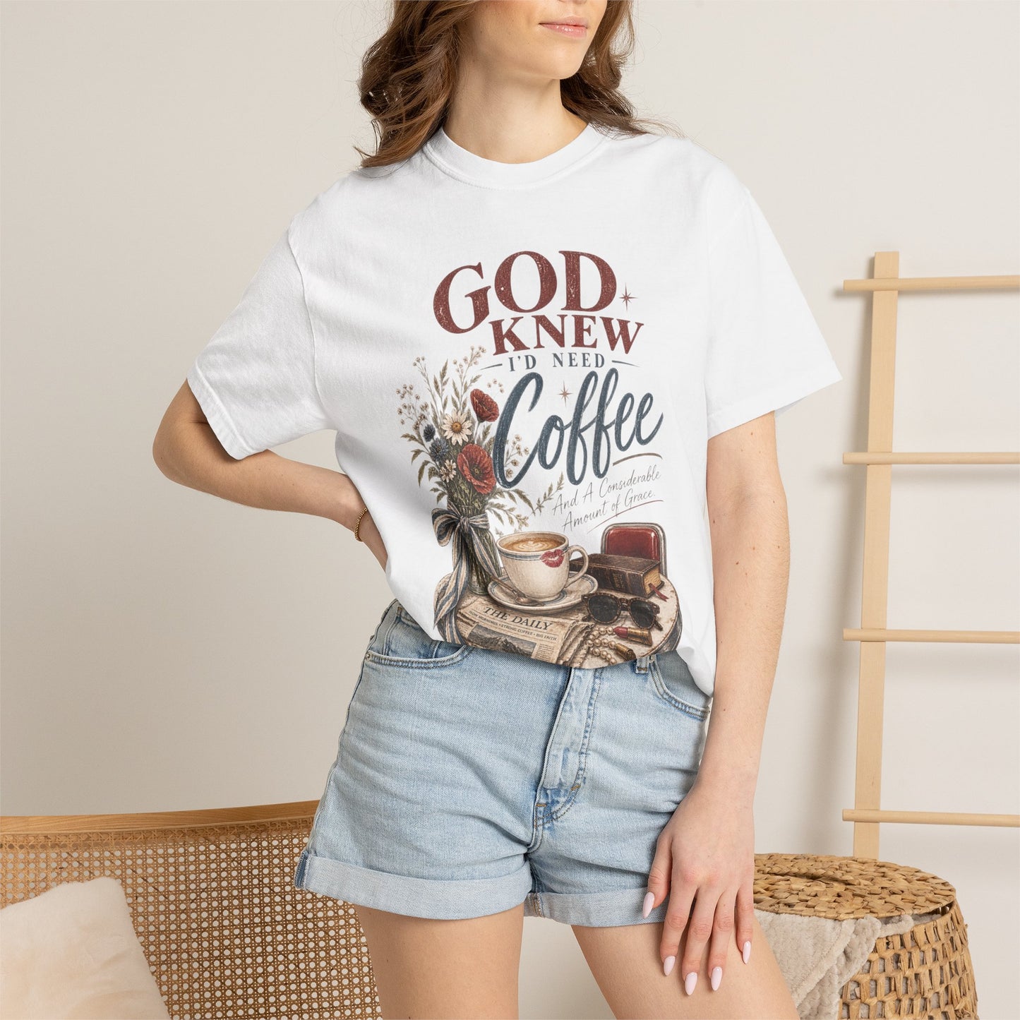 God Knew I’d Need Coffee Shirt | Christian Coffee T-Shirt | Vintage Faith Tee | Considerable Amount of Grace Graphic Tee