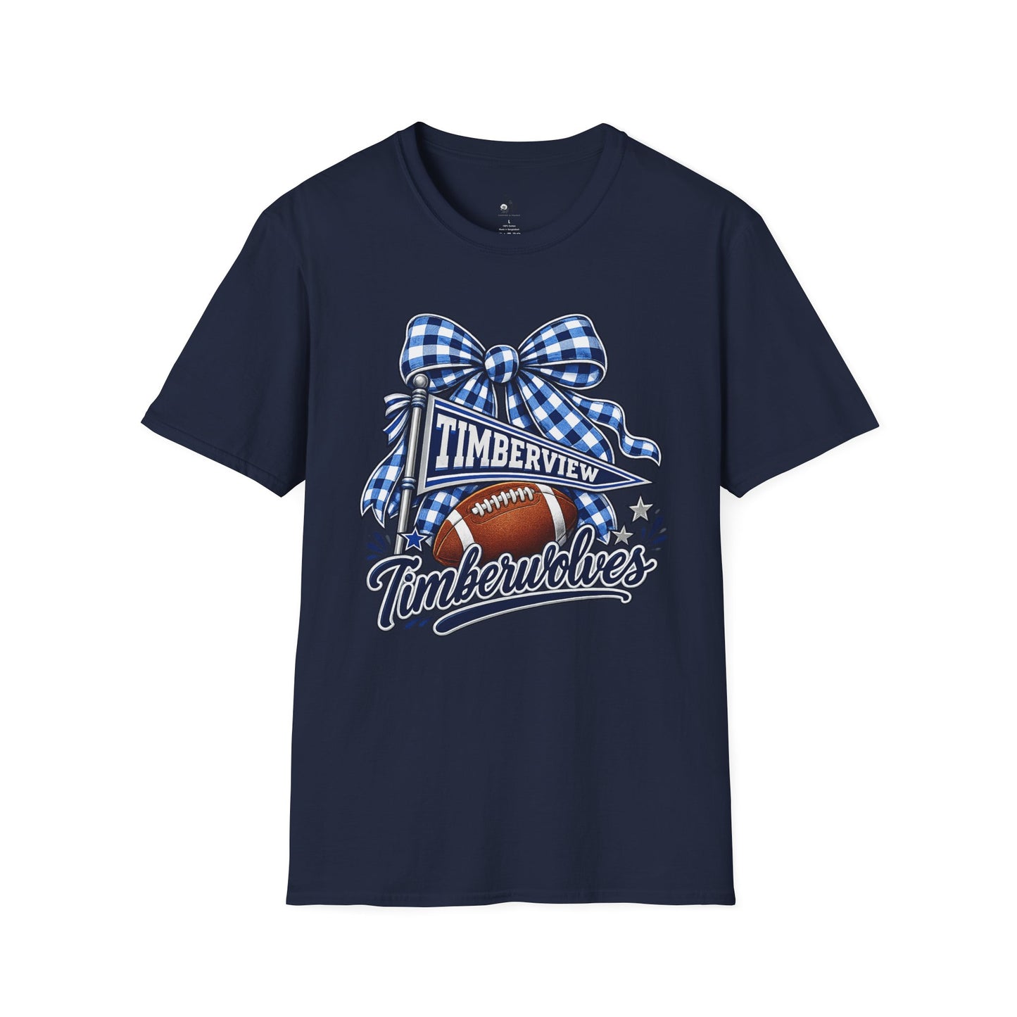 Timberview Timberwolves Football Team T-Shirt — Blue Gingham Bow Mascot Tee