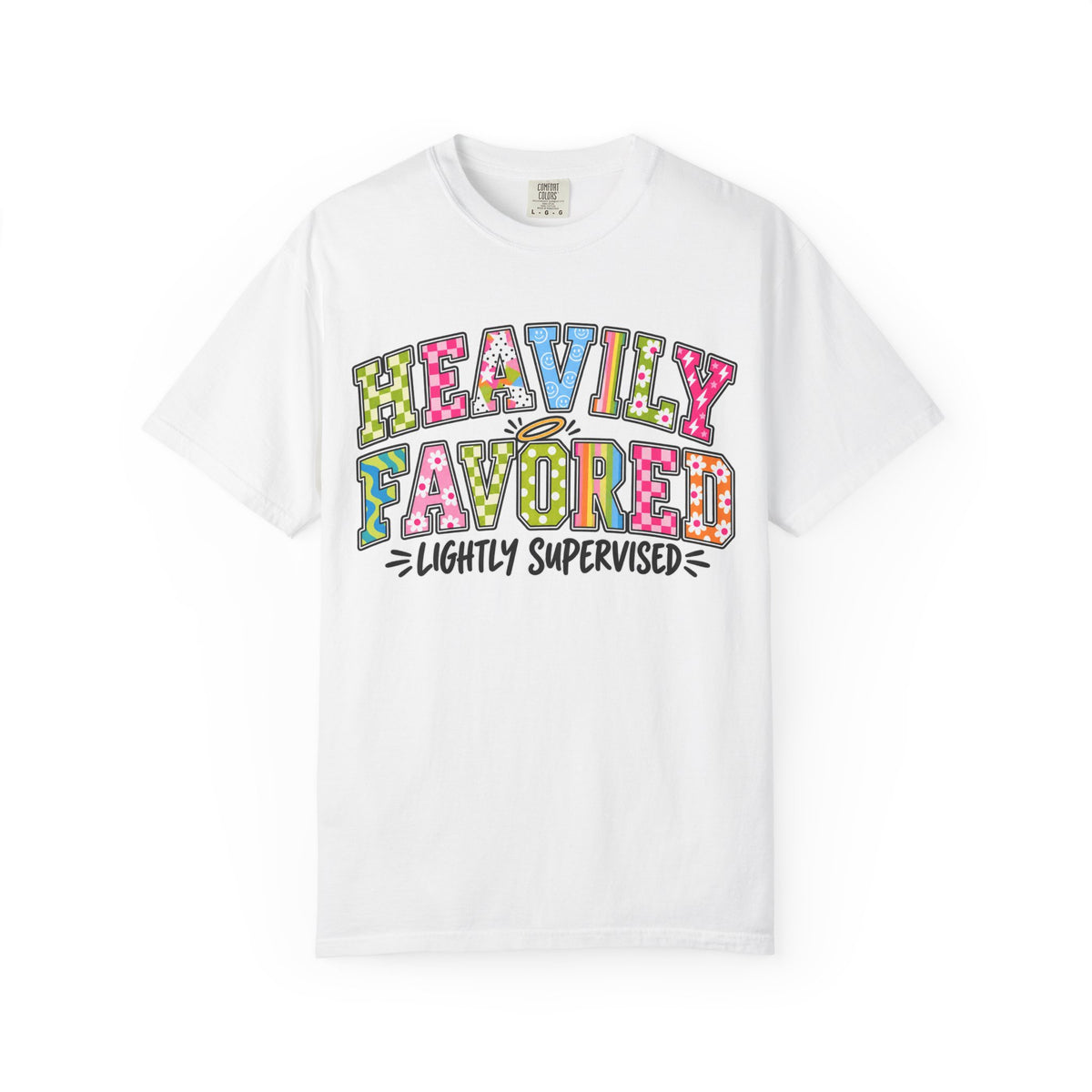 Heavily Favored Lightly Supervised T-shirt | Colorful Retro Lettering