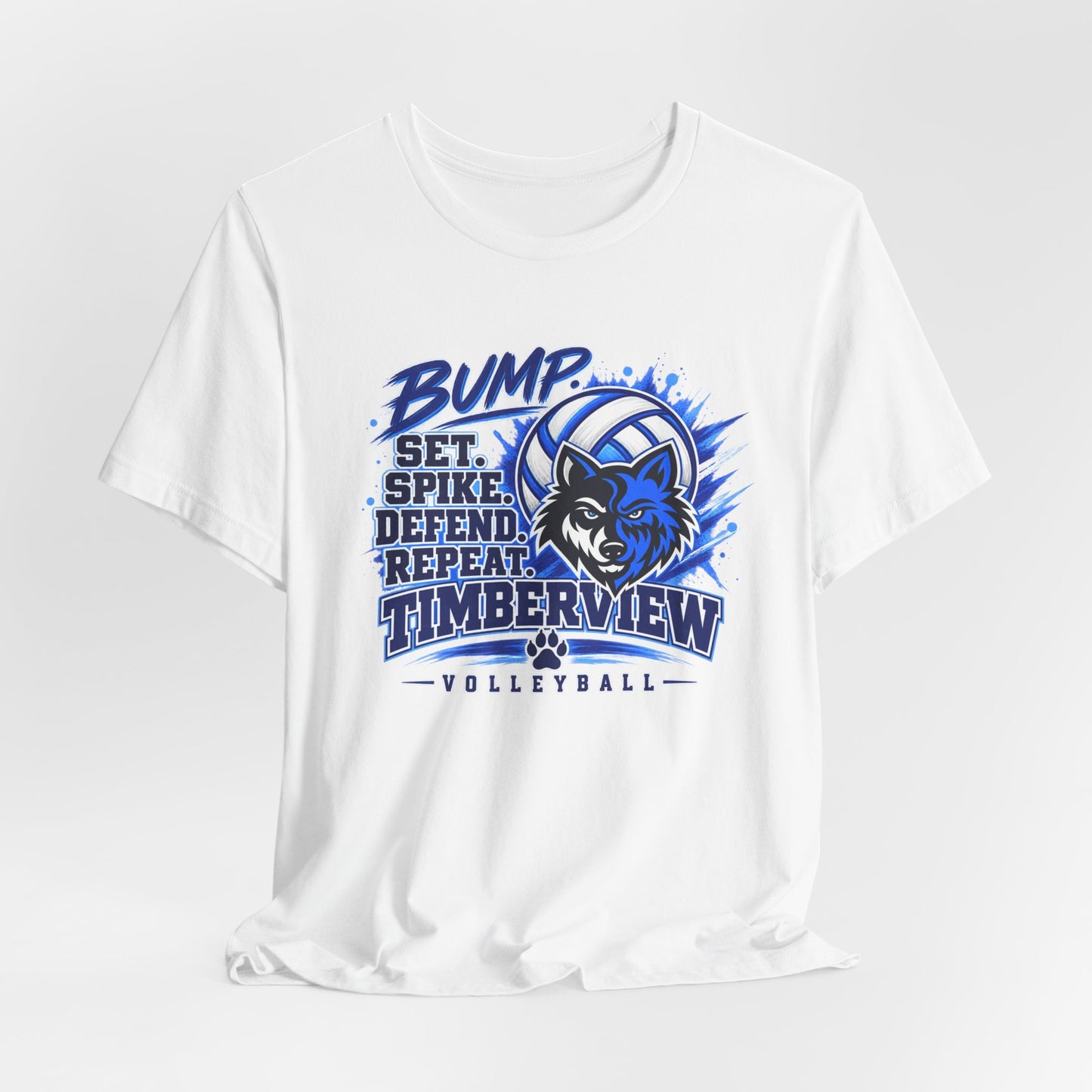 Timberview Volleyball Tee — "Bump Set Spike Defend Repeat" Wolf Mascot