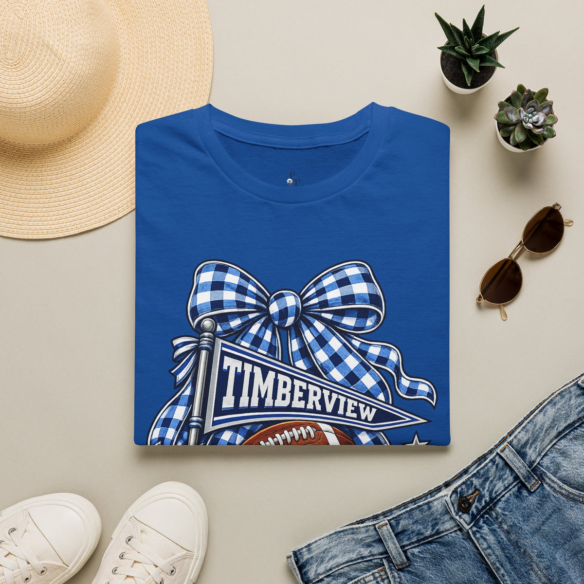 Timberview Timberwolves Football Team T-Shirt — Blue Gingham Bow Mascot Tee