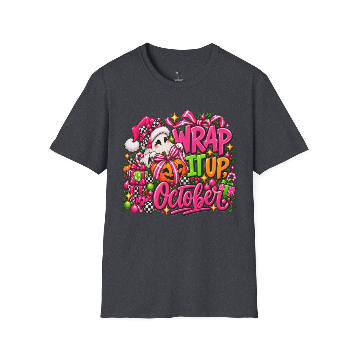 Wrap It Up October T-Shirt — Cute Halloween Santa Pumpkin Graphic Tee