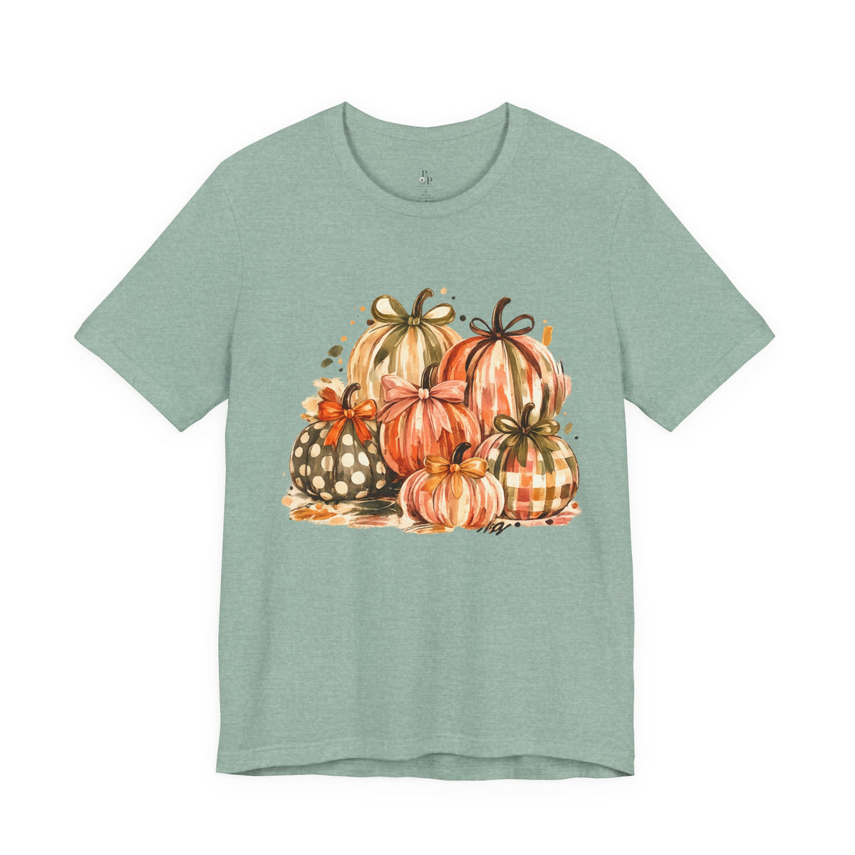 Pumpkin Watercolor T-Shirt — Fall Harvest Plaid & Polka Dot Pumpkins
