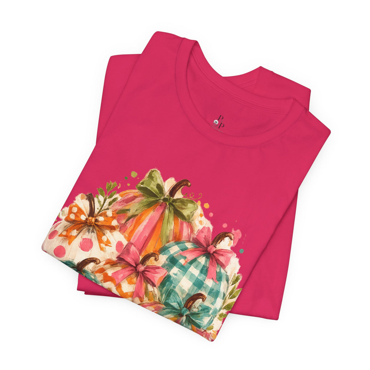 Watercolor Fall Pumpkins T-Shirt — Plaid & Polka Dot Pumpkin Tee for Autumn