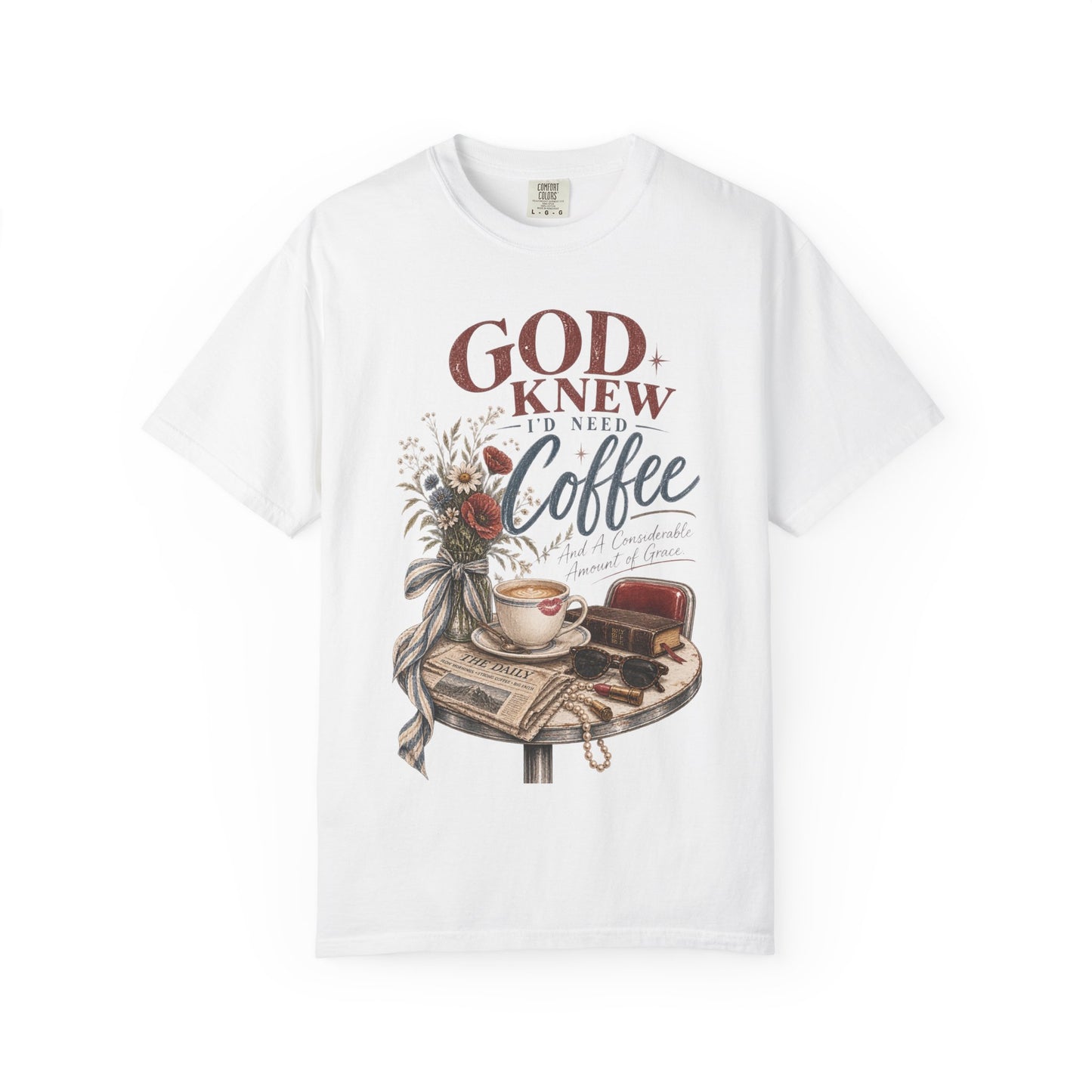 God Knew I’d Need Coffee Shirt | Christian Coffee T-Shirt | Vintage Faith Tee | Considerable Amount of Grace Graphic Tee