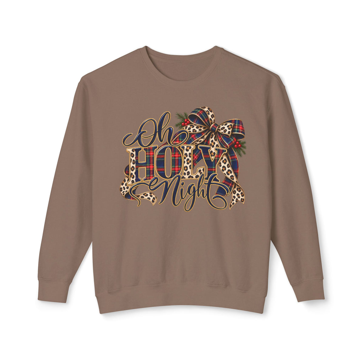 Oh Holy Night Christmas Sweatshirt, Leopard Bow and Holly Design
