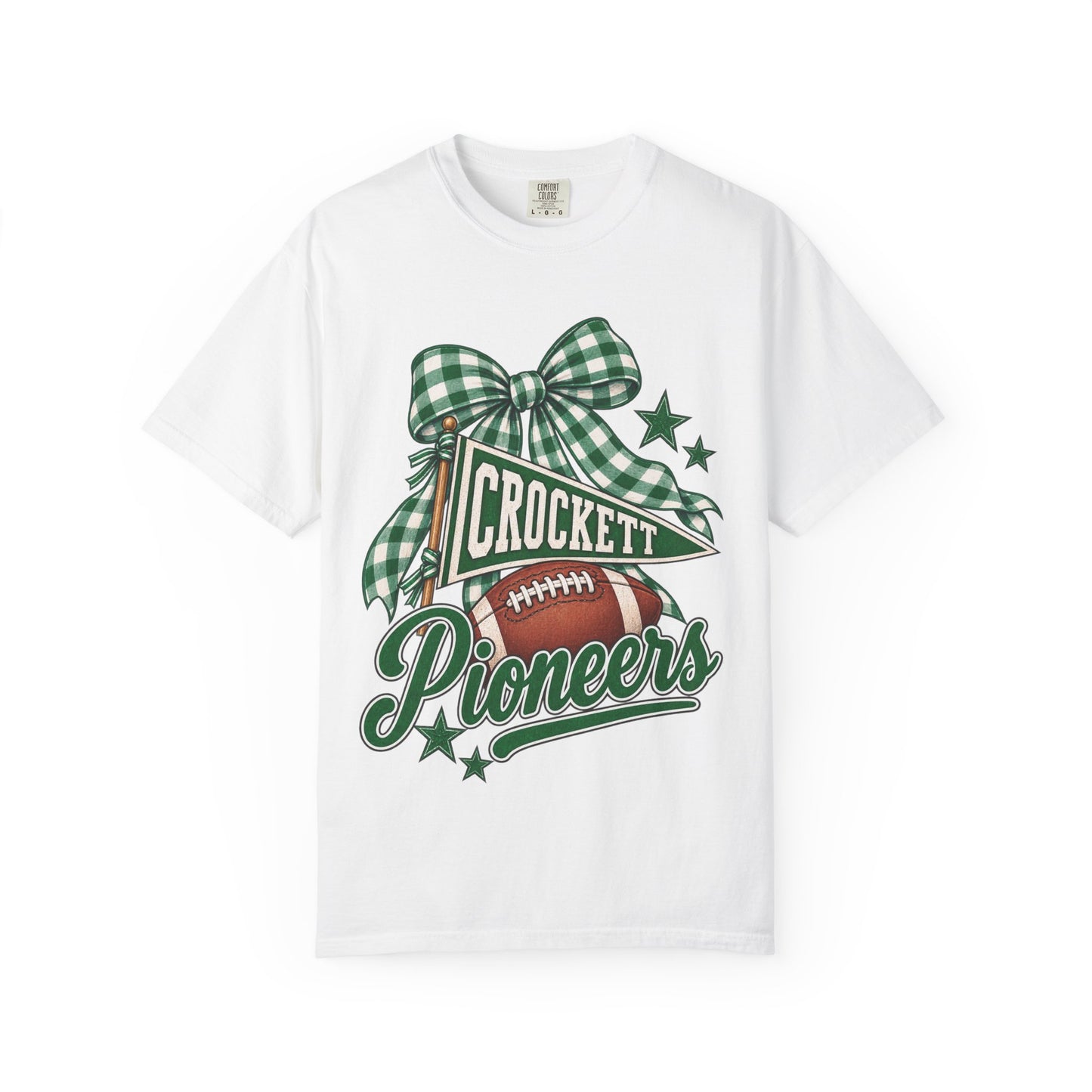 Crockett Pioneers Football Shirt, Green Gingham Bow Game Day Tee, School Spirit Shirt, Football Mom Tee, Pioneers Spirit Wear