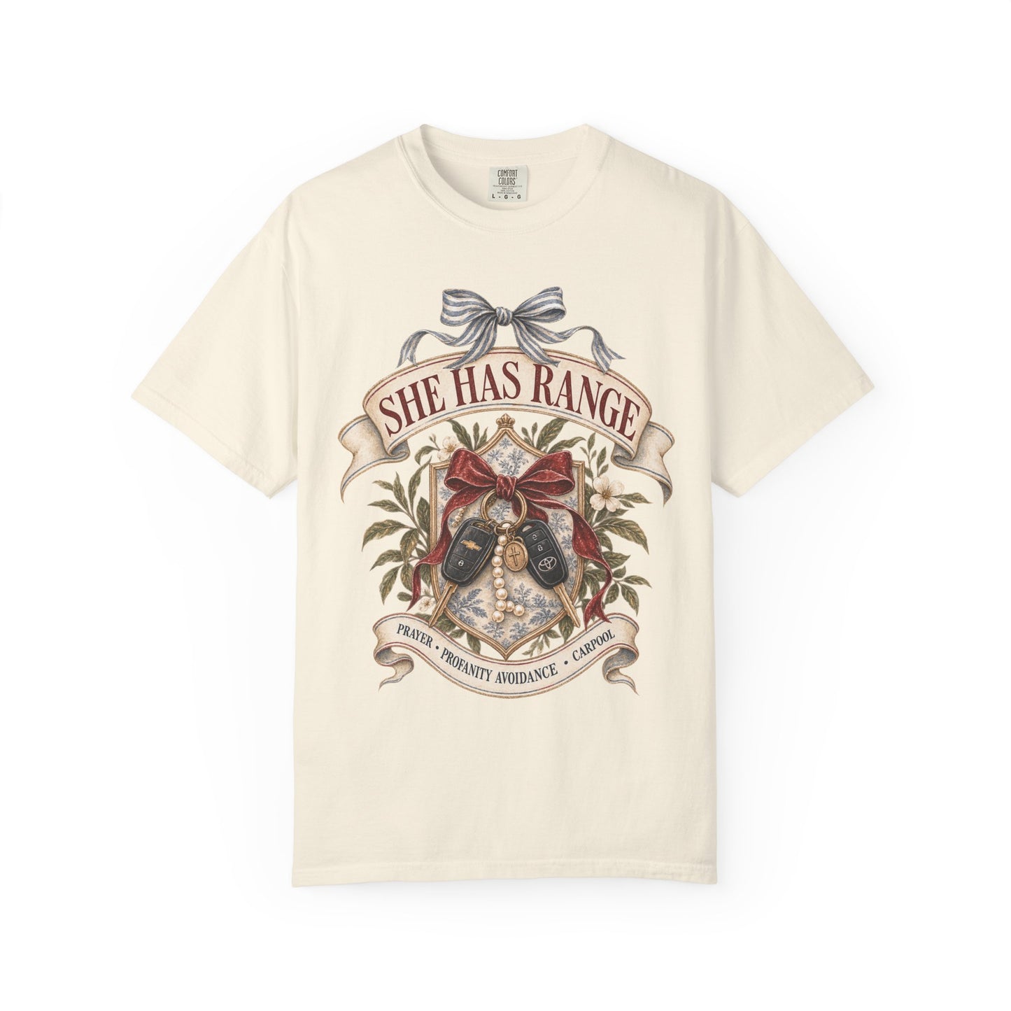 She Has Range Shirt | Funny Mom Graphic Tee | Prayer Profanity Avoidance Carpool Shirt | Vintage Preppy Faith Mom T-Shirt