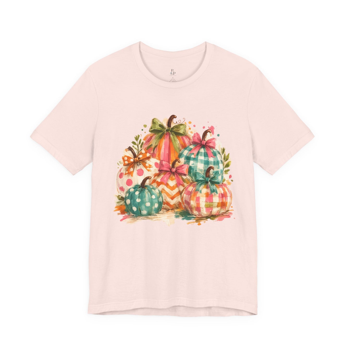 Watercolor Fall Pumpkins T-Shirt — Plaid & Polka Dot Pumpkin Tee for Autumn