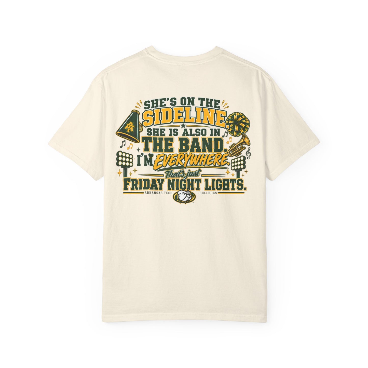 Sideline & Band Mom T-Shirt — "She’s On The Sideline, She Is Also In The Band" Football Cheer Tee