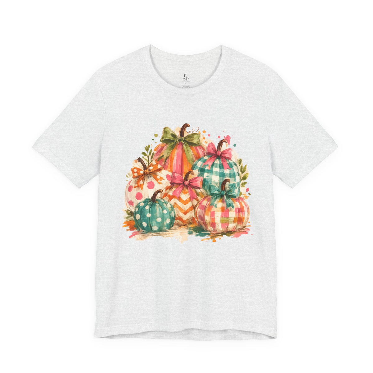 Watercolor Fall Pumpkins T-Shirt — Plaid & Polka Dot Pumpkin Tee for Autumn