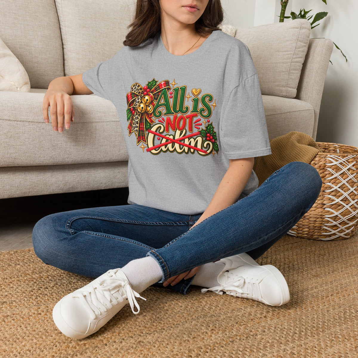 All Is Not Calm Christmas T-Shirt, Festive Holly and Poinsettia Design
