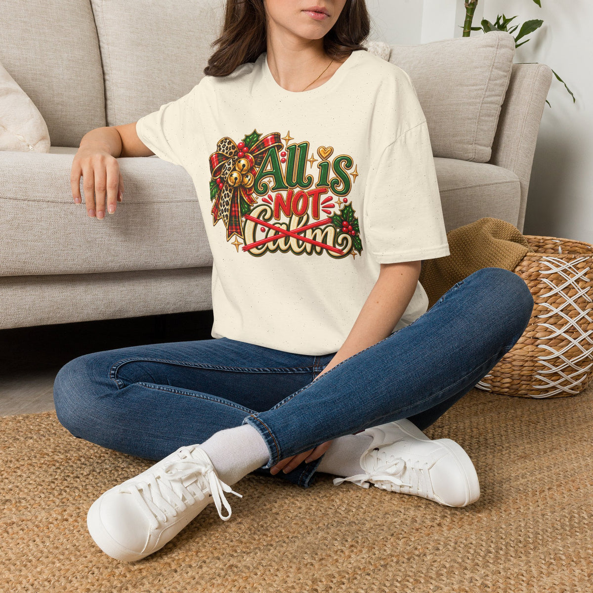 All Is Not Calm Christmas T-Shirt, Festive Holly and Poinsettia Design