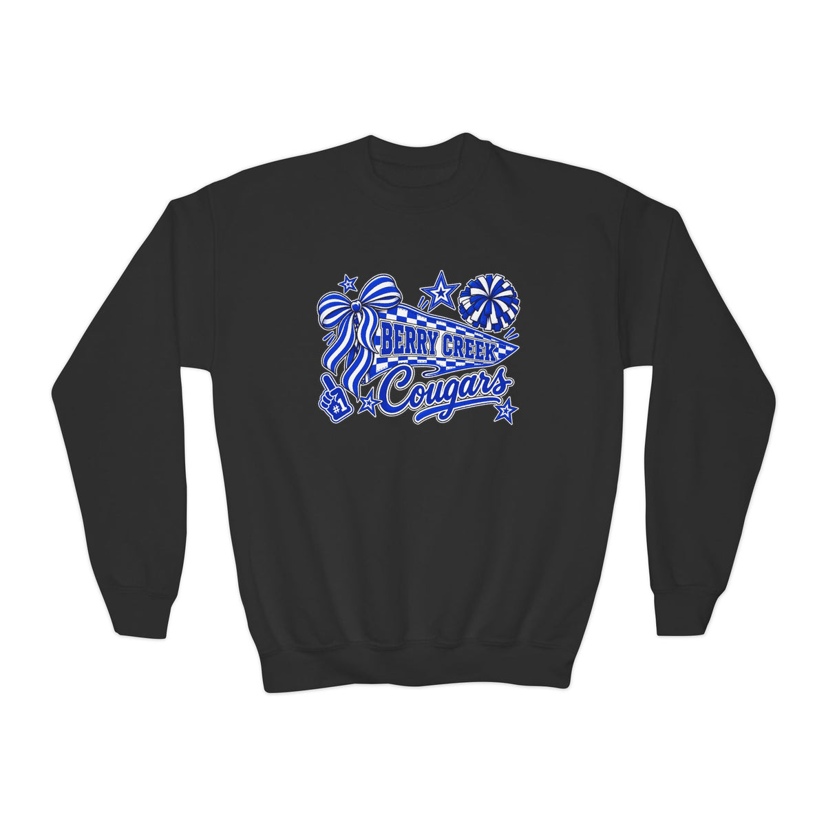 Youth Crewneck Sweatshirt - Blue Sparkle 'Cheer Cougars' Pom Pom Design
