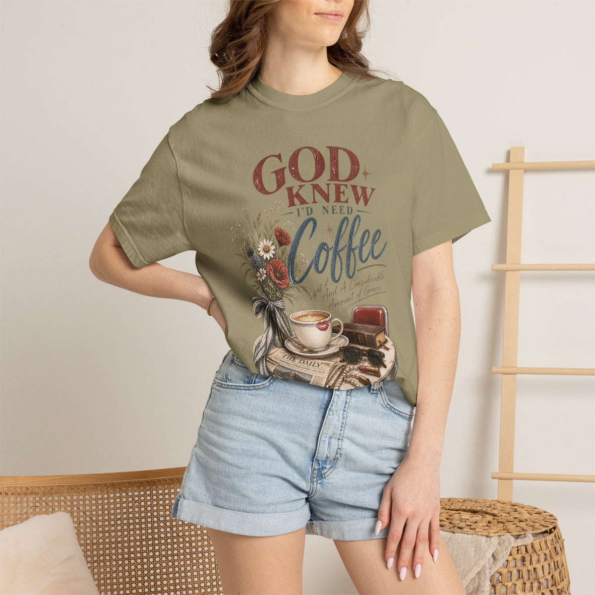 God Knew I’d Need Coffee Shirt | Christian Coffee T-Shirt | Vintage Faith Tee | Considerable Amount of Grace Graphic Tee