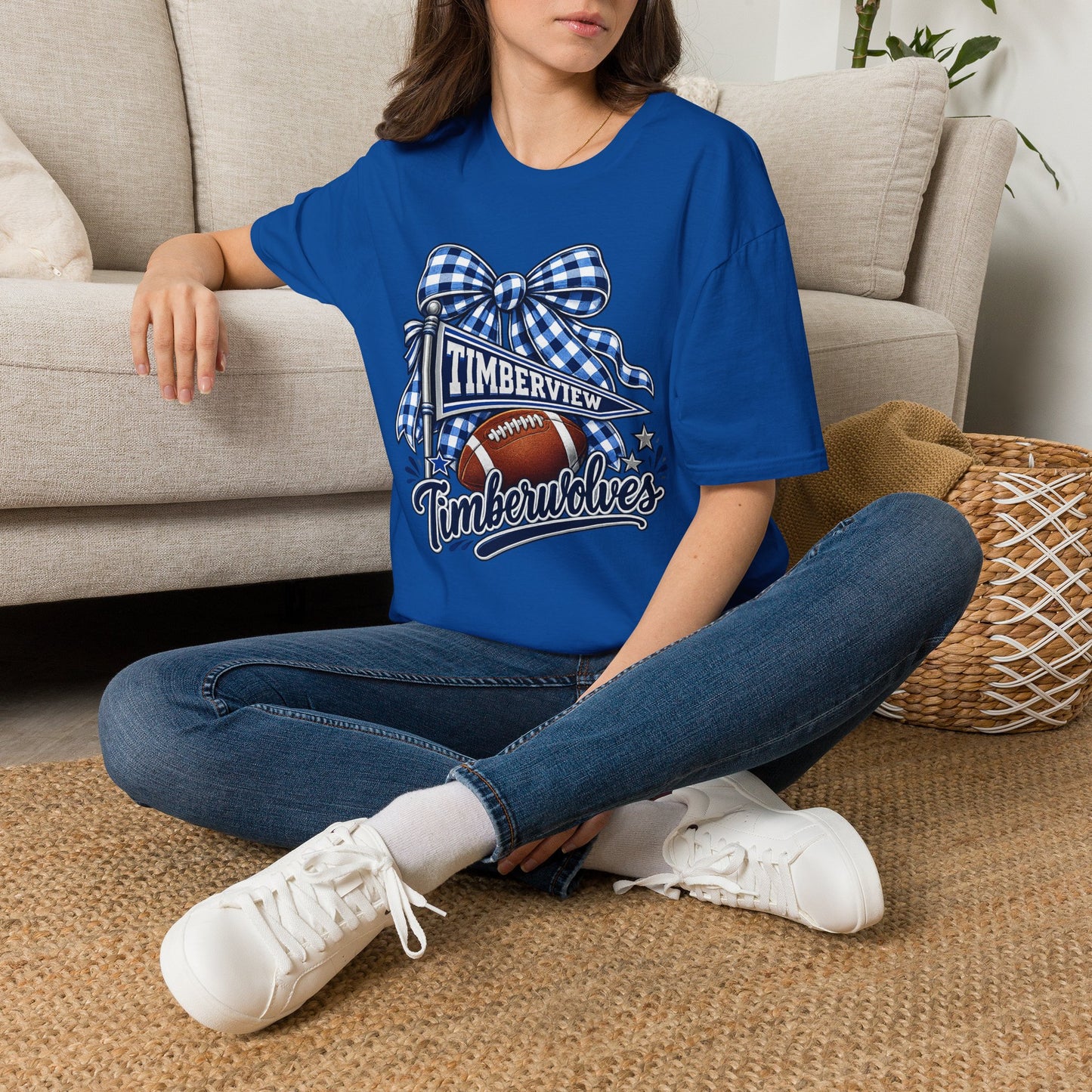 Timberview Timberwolves Football Team T-Shirt — Blue Gingham Bow Mascot Tee