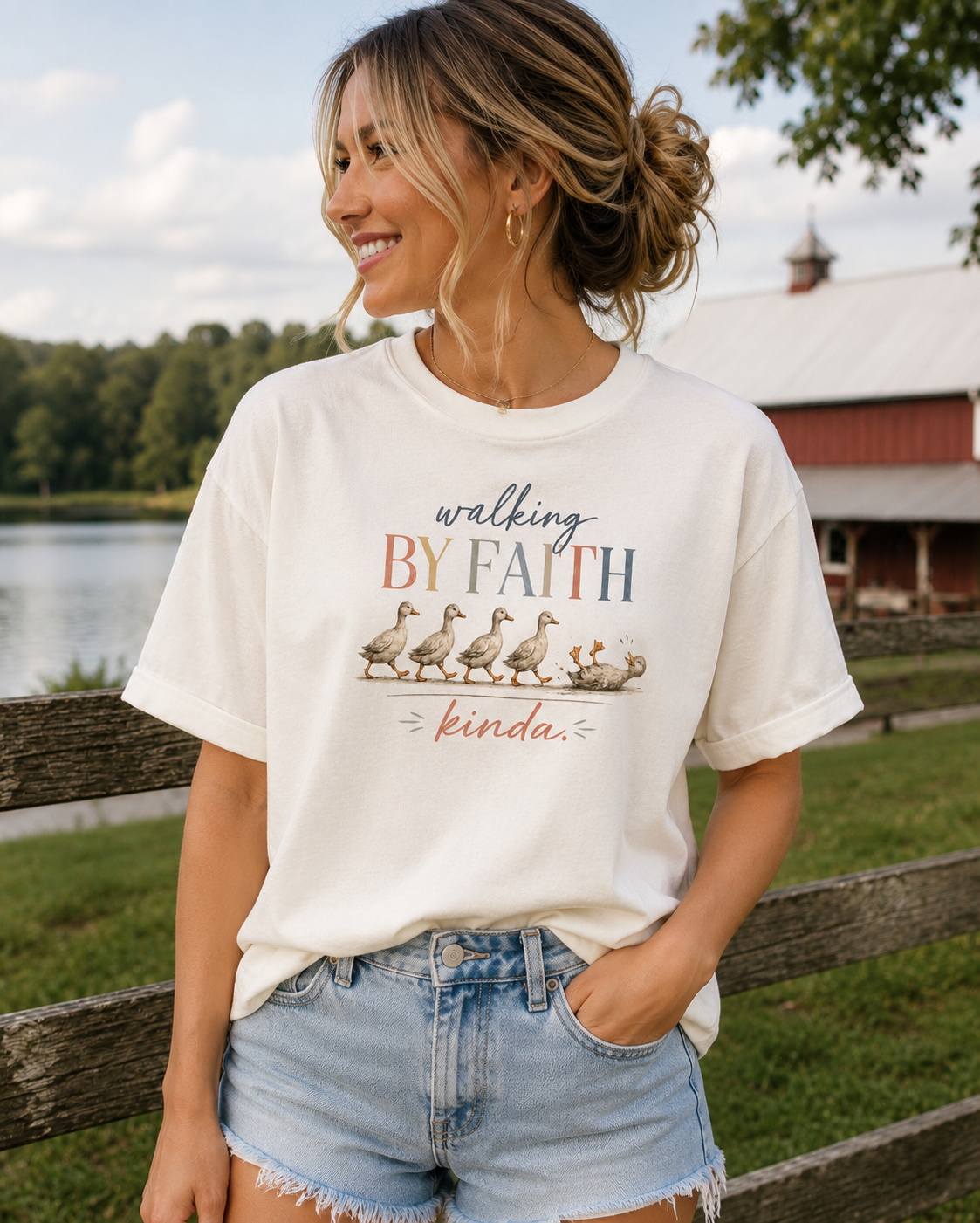 Walking by Faith… Kinda | Funny Christian Goose Graphic Tee | Faith-Based Jersey Short Sleeve Tee