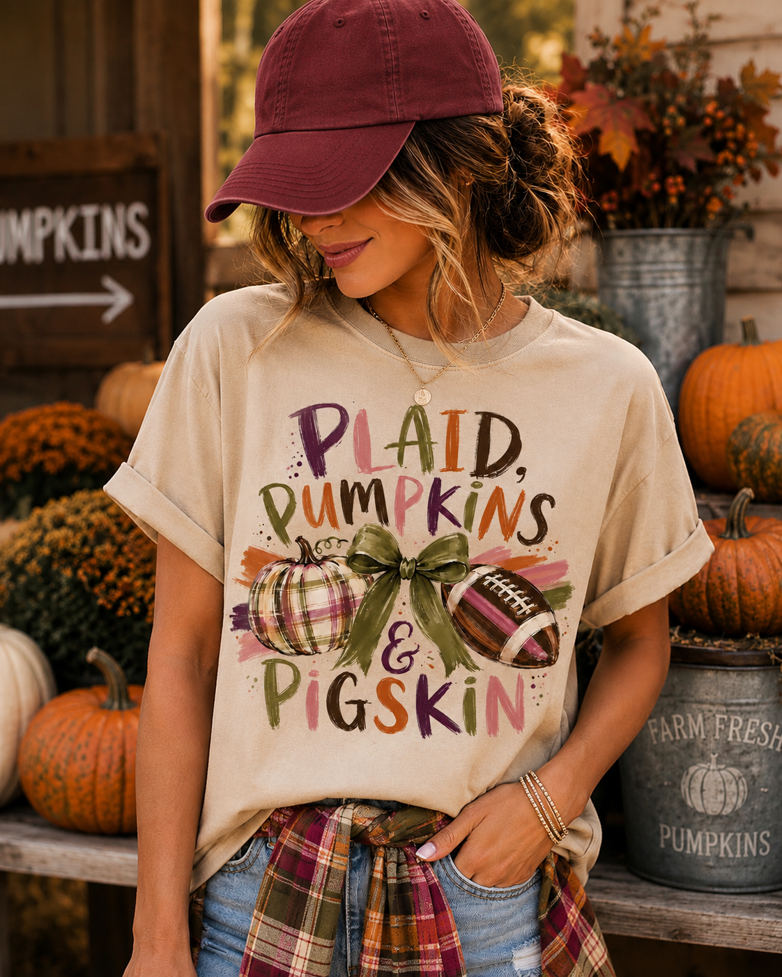 Plaid Pumpkins & Pigskin Tee — Fall Football Pumpkin Shirt