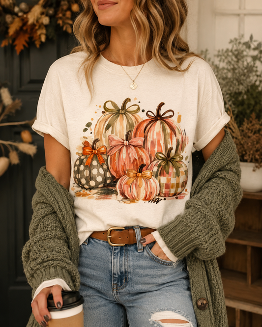 Pumpkin Watercolor T-Shirt — Fall Harvest Plaid & Polka Dot Pumpkins