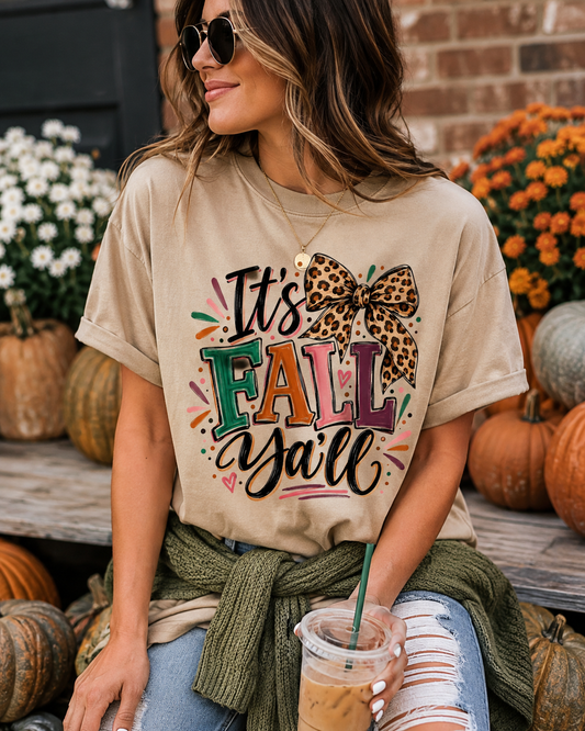 It's Fall Y'all Tee — Leopard Bow Autumn Graphic T-Shirt