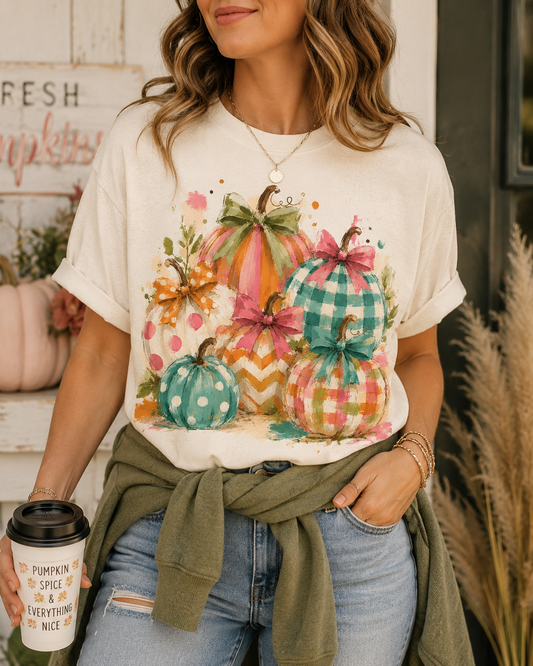 Watercolor Fall Pumpkins T-Shirt — Plaid & Polka Dot Pumpkin Tee for Autumn