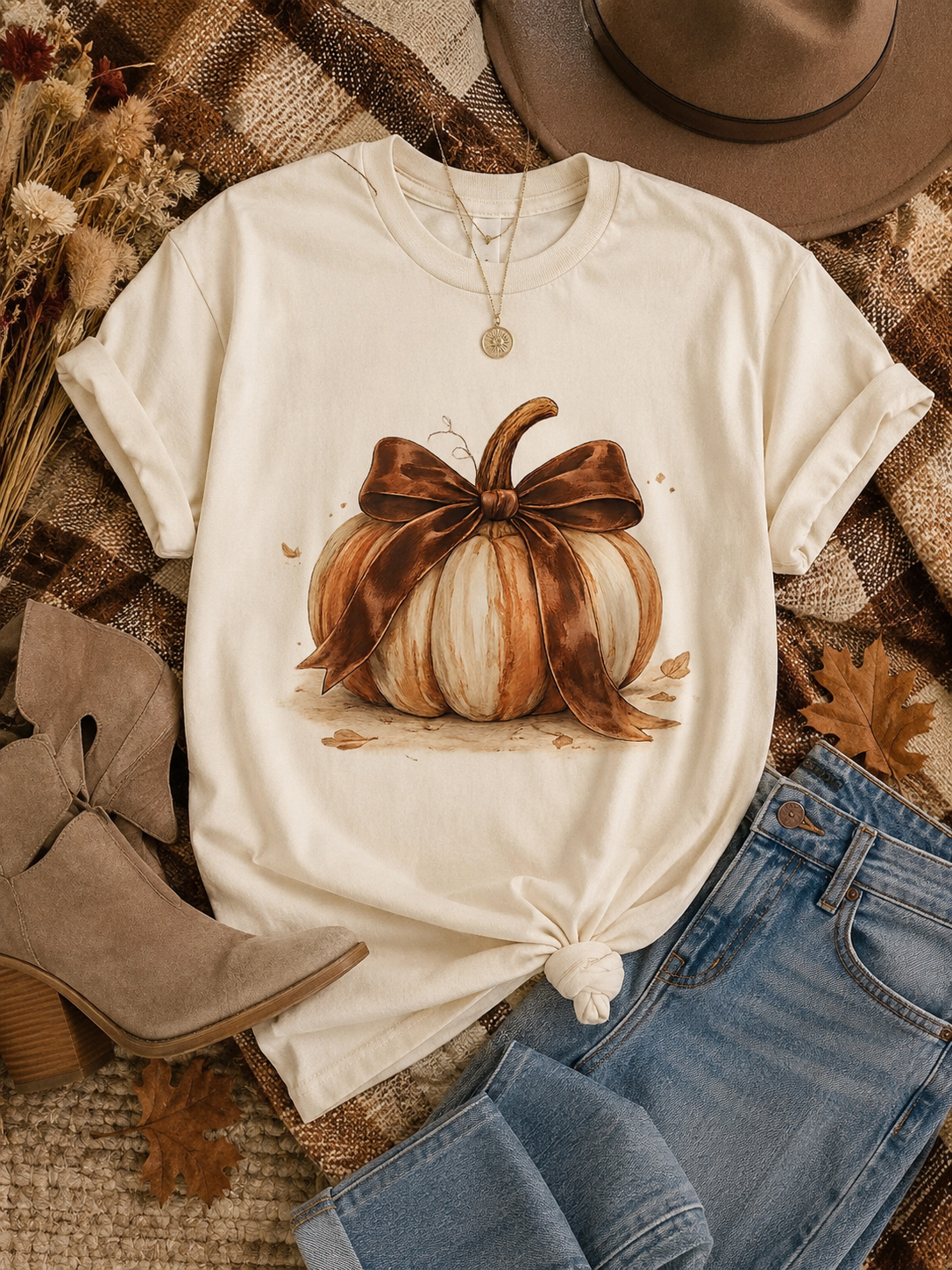 Pumpkin Bow Tee – Watercolor Fall Pumpkin T-Shirt