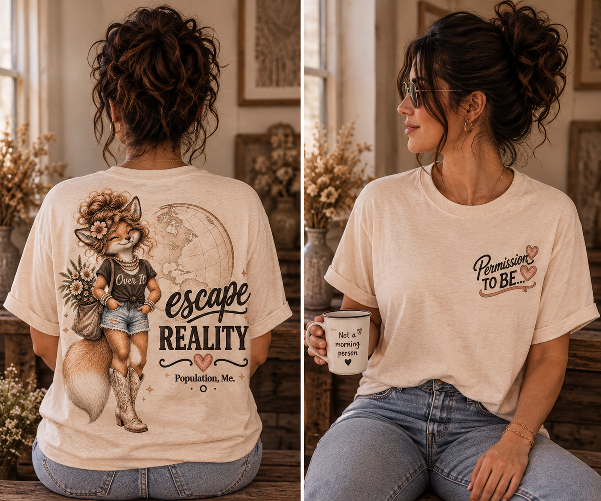 Escape Reality Fox T-Shirt — Cute Fox Traveler Graphic Tee ("Permission to Escape Reality")